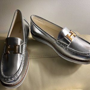 TINSTREE Women’s Casual Chunky Gold Penny Loafers Sneakers White Platforms